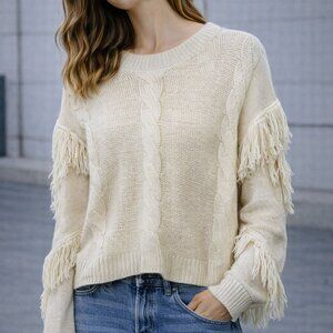 Hudson Gray Cream Cable Knit Fringe Sweater | Boho Cozy | Size Small